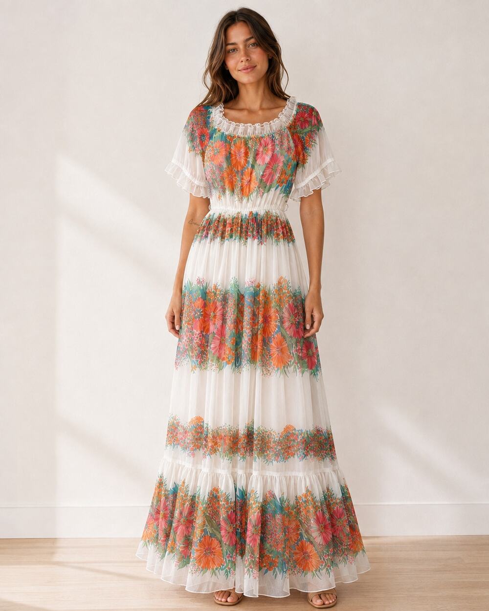 Vintage 1970s Jeannene Booher Tiered Floral Maxi Dress Sz 8